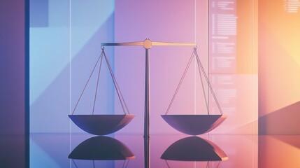 Balanced scales reflecting on a shiny surface against a colorful background.