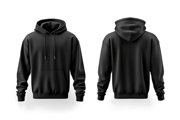 Realistic men black hoodie sweatshirt, ideal for custom design mockups. Front and back view, isolated on a clean white background.