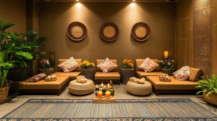 Elegant foot massage spa room in Thailand with comfortable seating, aromatic oils, fresh orchids, and tropical-themed decor