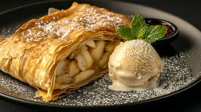 Delicious dessert featuring apple strudel and vanilla ice cream served on a black plate with mint garnish