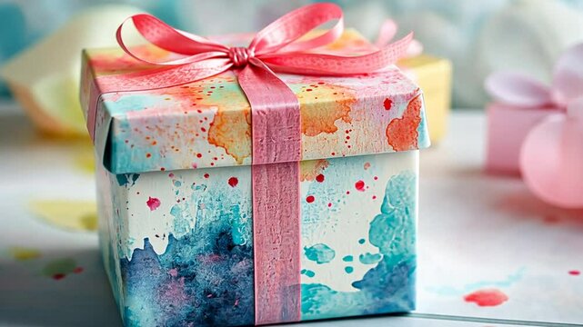 Watercolor Gift Box: A beautifully wrapped gift box with a watercolor design, featuring a vibrant mix of blue, pink, and yellow hues, tied with a delicate pink ribbon.