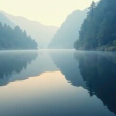 Obraz premium Gentle ripples on a misty lake mirror the sky above, serene atmosphere, gentle waves, soft focus