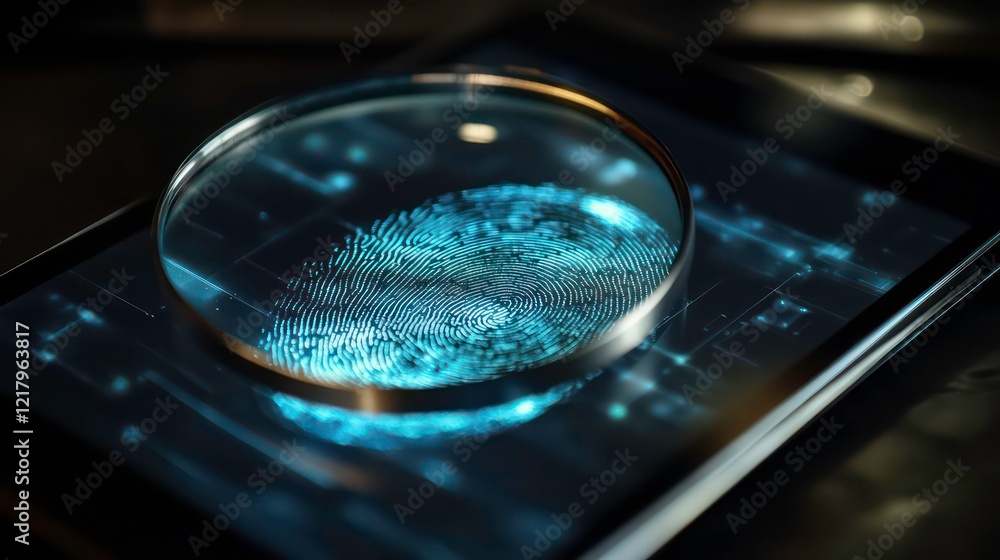 Poster close-up of a fingerprint on a digital tablet screen viewed through a magnifying glass.