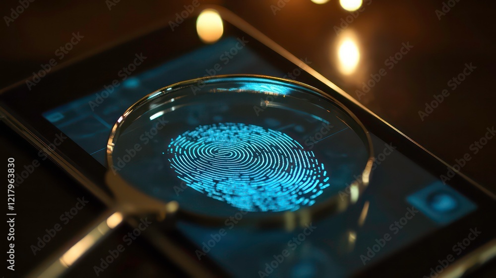 Poster close-up of a magnifying glass over a digital fingerprint on a tablet screen.