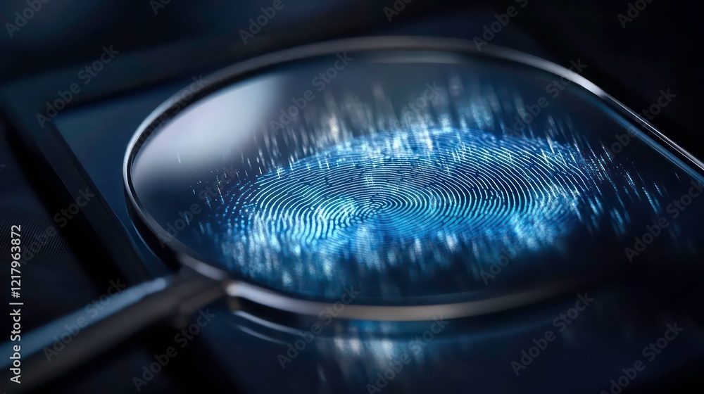 Poster close-up of a digital fingerprint magnified under a lens, showing data streams.