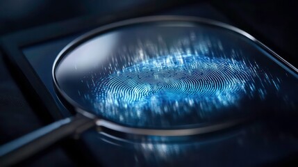 Close-up of a digital fingerprint magnified under a lens, showing data streams.