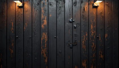 Fototapeta premium A dark wooden wall with two lights on it.