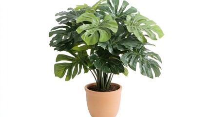 Lush green artificial Monstera deliciosa plant in a terracotta pot, isolated on white background.