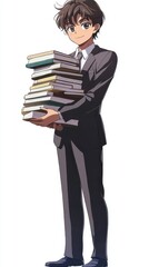 Anime Boy in Suit Carrying a Stack of Books