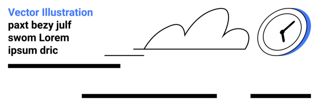 Clock icon with abstract cloud sketch and horizontal lines. Ideal for productivity tips, time-tracking apps, project management tools, business presentations, workflow optimization, corporate