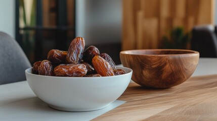 Fresh and Organic Dates in a White Bowl Sitting Next to an Empty Wooden Bowl on a Stylish Wooden Table in a Modern Interior Setting
