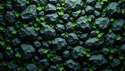 A large group of black rocks covered in green leaves.