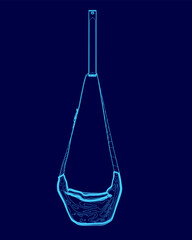 Blue drawing of a purse hanging from a hook. The purse is made of a clear material and has a blue strap. The image has a calm and serene mood, as the purse is suspended in mid-air