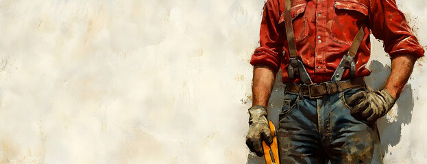 Worker, Red Shirt, Wall, Tools, Advertisement