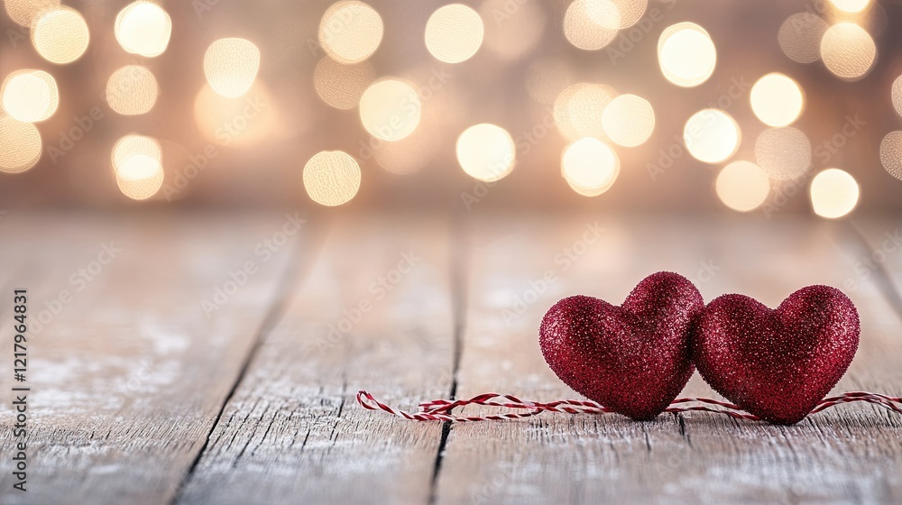 Poster valentine's day background with sparkling bokeh lights and shiny red hearts floating gracefully on a