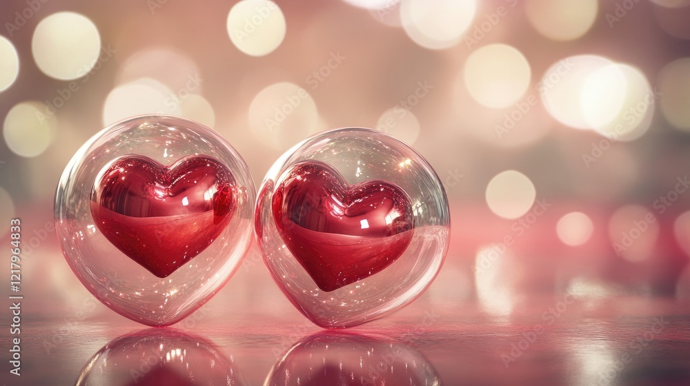 Poster valentine's day background with sparkling bokeh lights and shiny red hearts floating gracefully on a