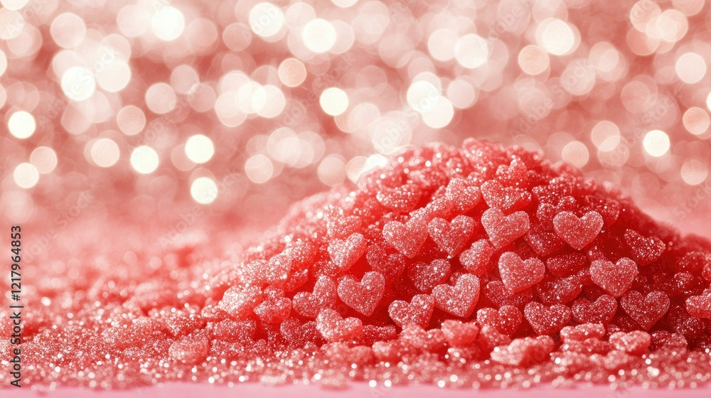 Poster valentine's day background with sparkling bokeh lights and shiny red hearts floating gracefully on a