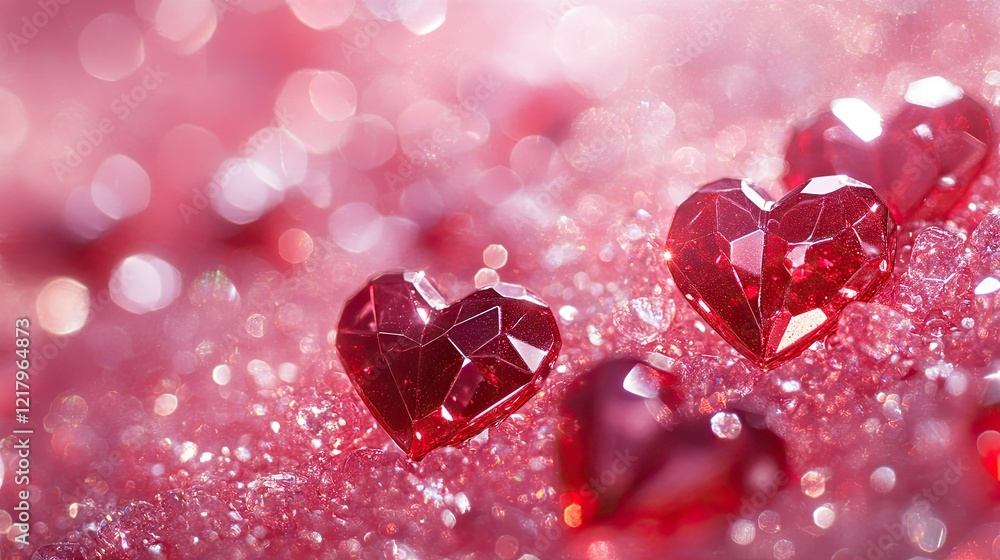 Poster valentine's day background with sparkling bokeh lights and shiny red hearts floating gracefully on a