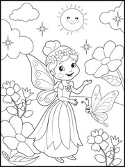 Illustration of a cute fairy cartoon character. Black and white Printable fairy coloring page for kids.