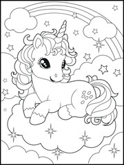 Illustration of a cute baby unicorn cartoon character. Black and white Printable Unicorn coloring page for kids.
