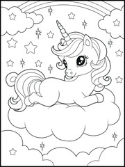 Illustration of a cute baby unicorn cartoon character. Black and white Printable Unicorn coloring page for kids.