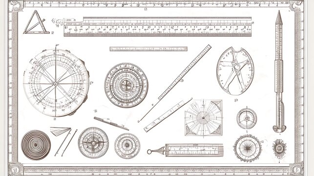 Antique Collection of Mathematical Instruments: A Detailed Illustration of Early Drafting Tools