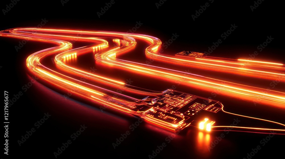 Poster abstract glowing orange light trails forming winding paths on dark background.