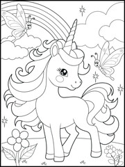 Illustration of a cute baby unicorn cartoon character. Black and white Printable Unicorn coloring page for kids.