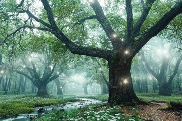 Naklejka premium enchanted forest with radiant glades