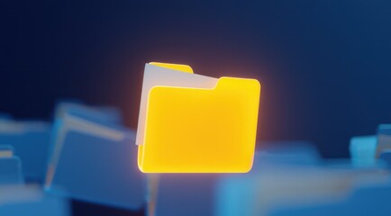 A glowing yellow folder amidst blue folders, symbolizing digital organization.