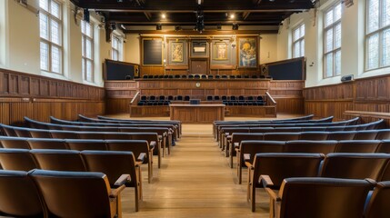 Empty lecture hall with wooden seating, high ceiling, and paneled walls.