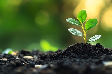 A small organism growing in the earth, with a blurred background of foliage and daylight, representing development and fresh starts.