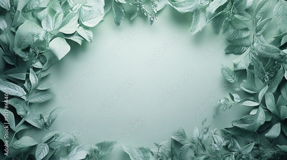 Poster green leaves border creating a frame on a pastel background