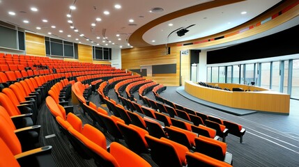 Modern lecture hall with orange seats, curved design, stage, and large screen.