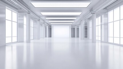 Fototapeta premium Bright, spacious, minimalist white interior with large windows and high ceilings.
