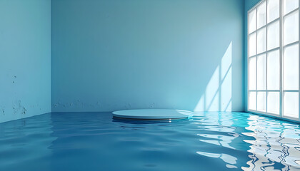 Obraz premium A blue room with a white circle in the middle of the water.