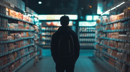 Man with backpack facing shelves in a brightly lit convenience store at night.
