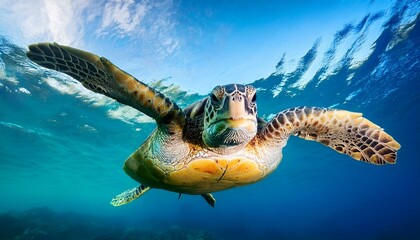 Obraz premium create an eye level view of a green turtle chelonia mydas swimming directly towards the camera
