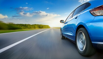 Obraz premium rear view of blue business car on high speed in turn blue car rushing along a high speed highway