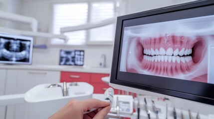 A healthcare professional performing a dental examination on a patient using digital intraoral cameras in a modern dental clinic, with dental tools and X-ray images in the background