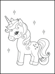 Illustration of a cute baby unicorn cartoon character. Black and white Printable Unicorn coloring page for kids.