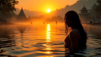 Fototapeta premium Indian Hindu sadhu taking holy bath in sacred river during Kumbh Mela religious gathering.