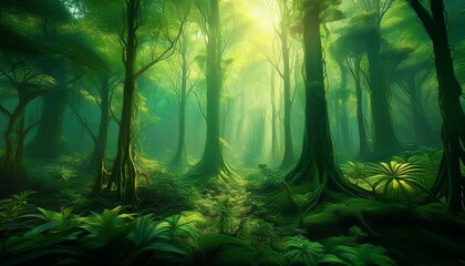 Obraz premium lush green vertical forest scene with light effects