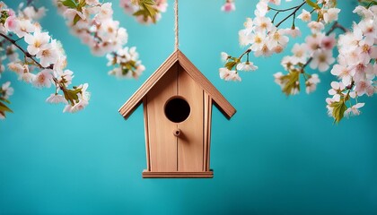 rustic wooden birdhouse hanging among cherry blossom branches against a dreamy turquoise background ideal for springtime themes and natural decor designs