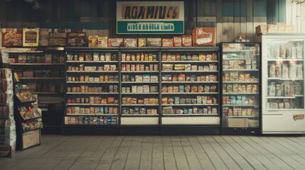 Rustic general store interior with shelves stocked with various food items and a refrigerator.