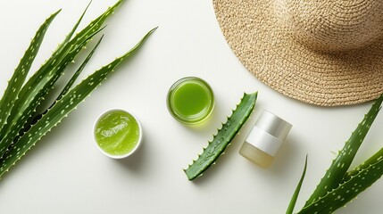 A flat lay of aloe vera gel, sunscreen, and a sun hat for after-tan care