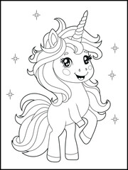 Illustration of a cute baby unicorn cartoon character. Black and white Printable Unicorn coloring page for kids.