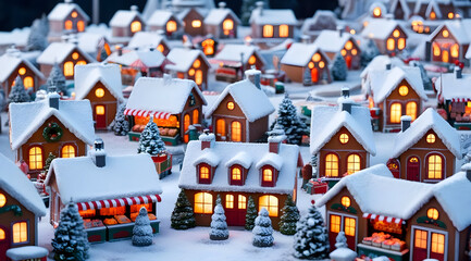 A charming winter village scene with cozy houses and twinkling lights, all blanketed in snow, creating a festive holiday atmosphere.