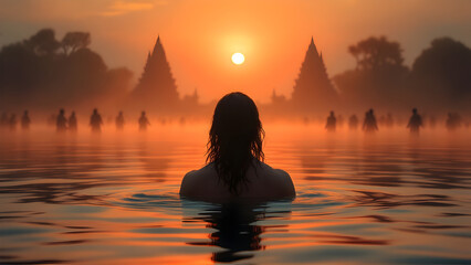 Fototapeta premium Indian Hindu sadhu taking holy bath in sacred river during Kumbh Mela religious gathering.