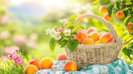   A peach basket on a blanket next to a peach tree with flowers in the background